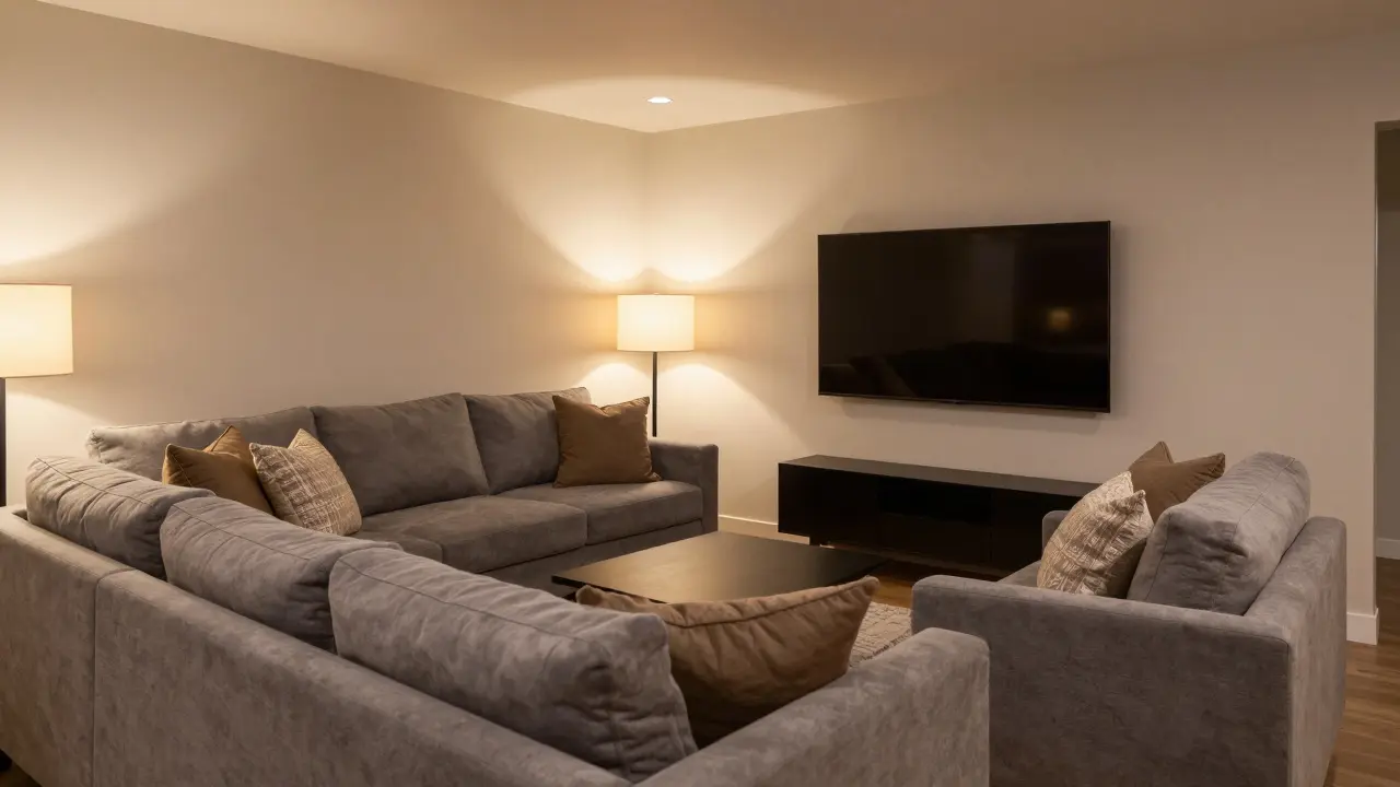 Gemütliche Ecklösung mit L-förmigem Sofa und Sessel vor dem Fernseher