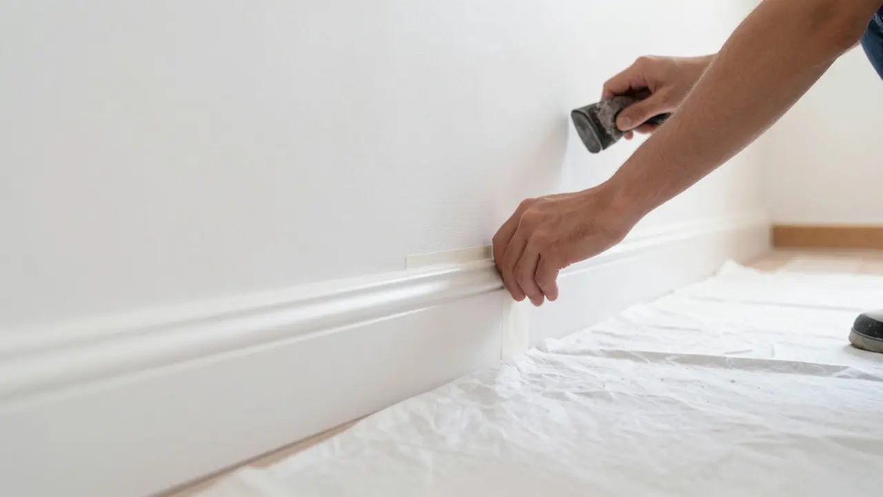 Hände kleben Kanten ab und schleifen Wand vor dem Streichen vor