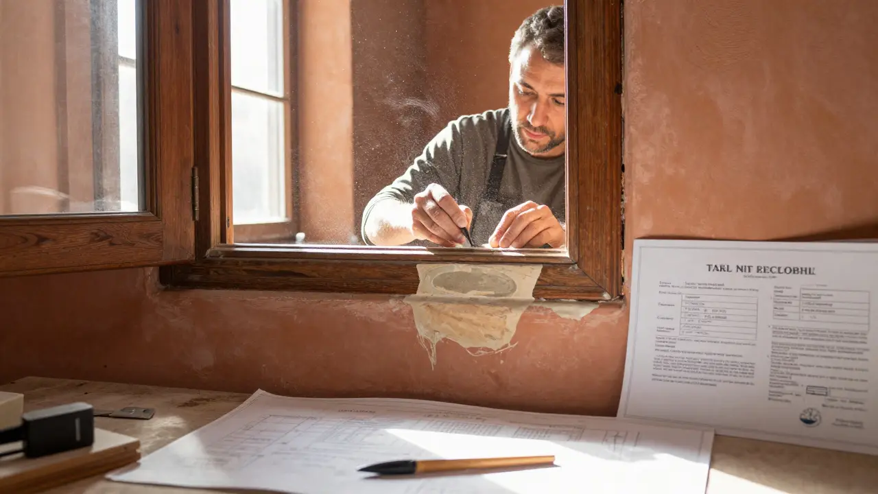 Handwerker restauriert historisches Fenster im Innenraum