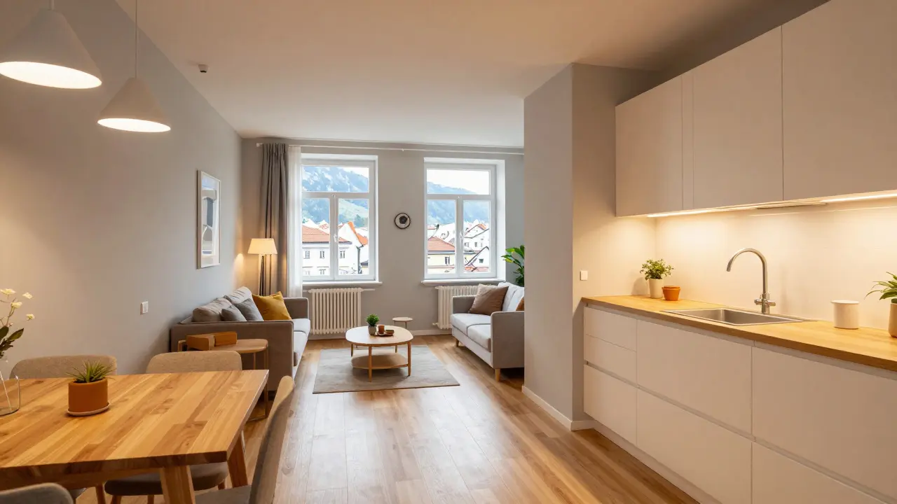 Harmonisch renoviertes Wohnzimmer und Küche mit Holzboden und modernen Details
