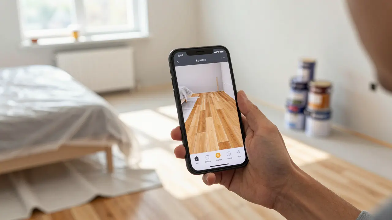 Heimwerker nutzt Smartphone-AR-App zur Visualisierung neuer Bodenbeläge im Raum