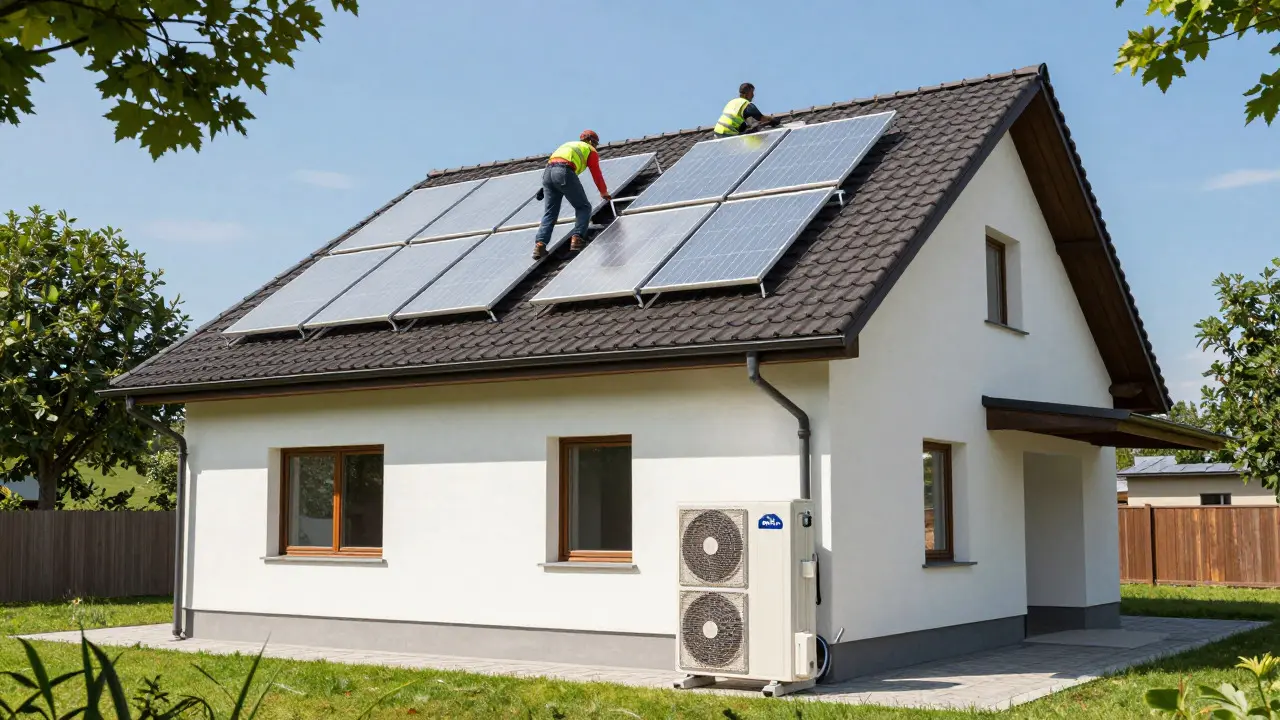 House with new solar panels and heat pump installed