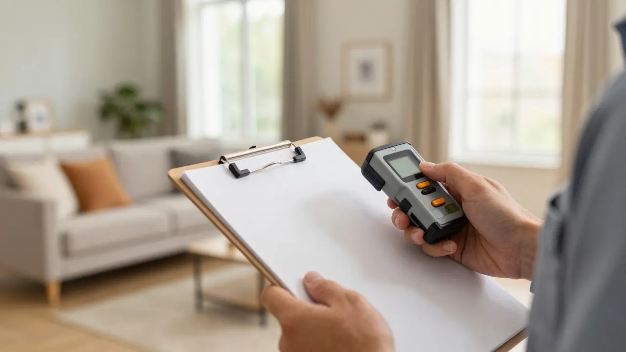 Immobilienexperte misst Raumabmessungen mit Lasergerät und Klemmbrett