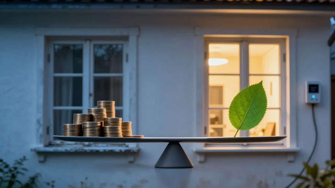 Konzeptionelle Darstellung eines Hauses mit Fokus auf Energieeffizienz und Kostenersparnis