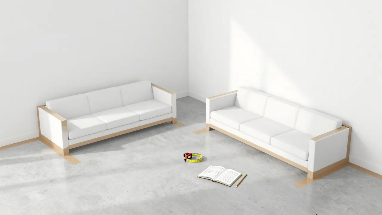 Leerer Wohnraum mit Klebeband-Konturen zur Planung von Sofa-Layouts