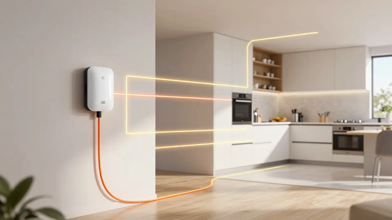 Modernes Wohnzimmer mit visualisierten Stromkreisen