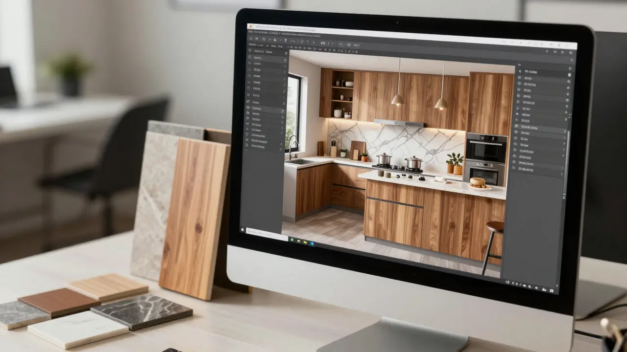 Monitor zeigt fotorealistisches 3D-Küchendesign neben Materialproben