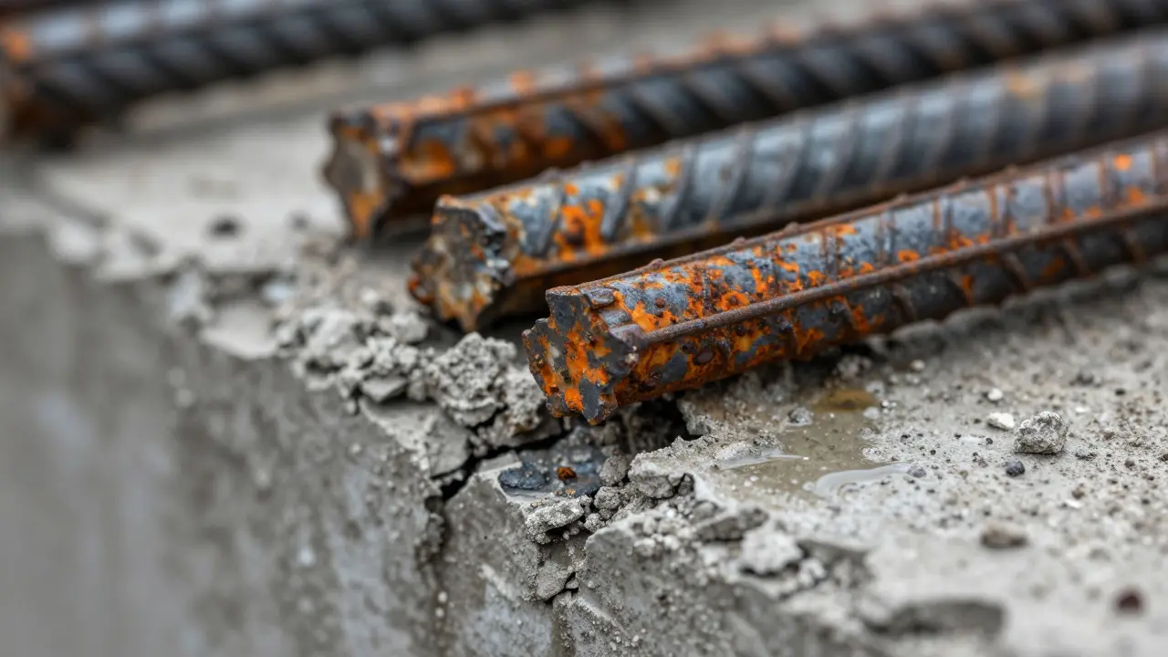 Nahaufnahme von korrodierten Stahlbewehrungen im Beton der Decke