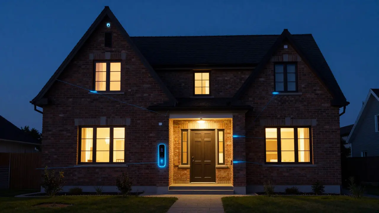 Sicheres Haus bei Dämmerung mit unsichtbarer Smart-Security