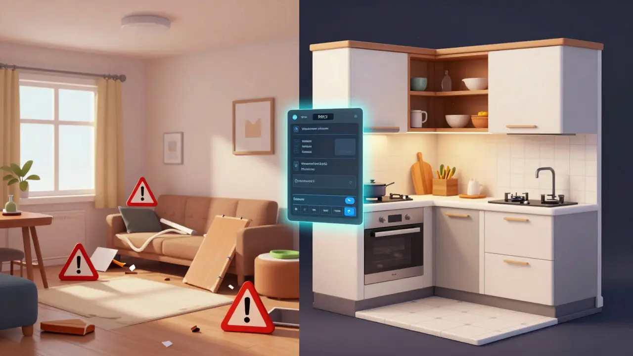 Split-Screen: Chaotischer Raum vs. optimierte KI-Küchenplanung