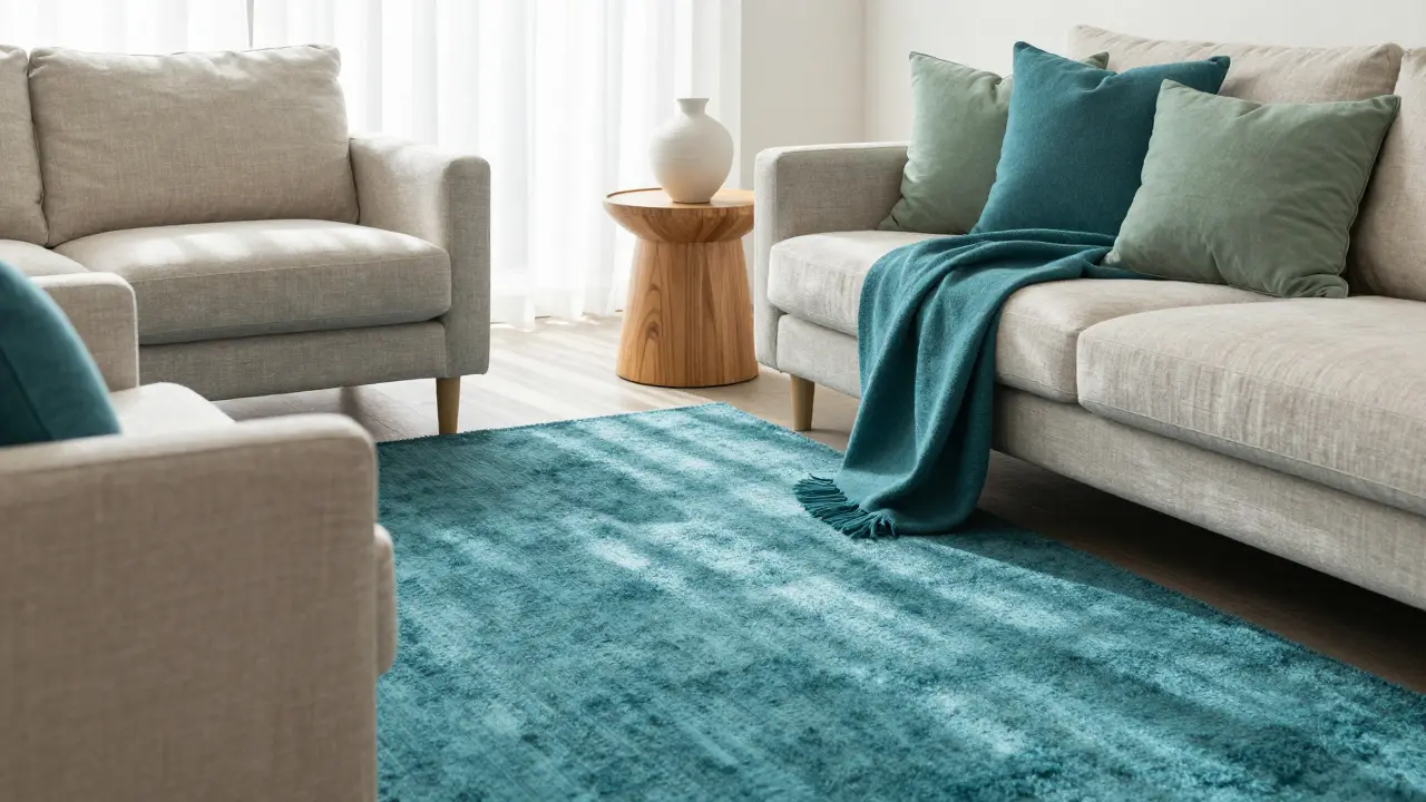 Teppich und Kissen in Türkis als farbliche Akzente im Wohnzimmer