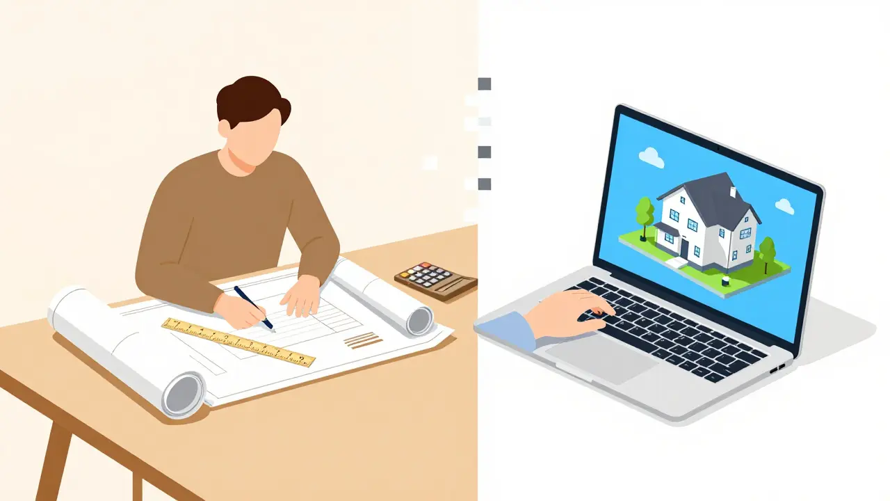 Vergleich traditioneller Zeichnung und modernem 3D-CAD auf Laptop