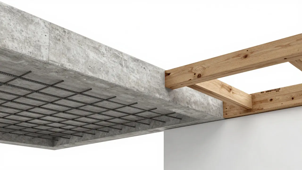 Vergleich von massiver Betondecke und alter Holzbalkenkonstruktion
