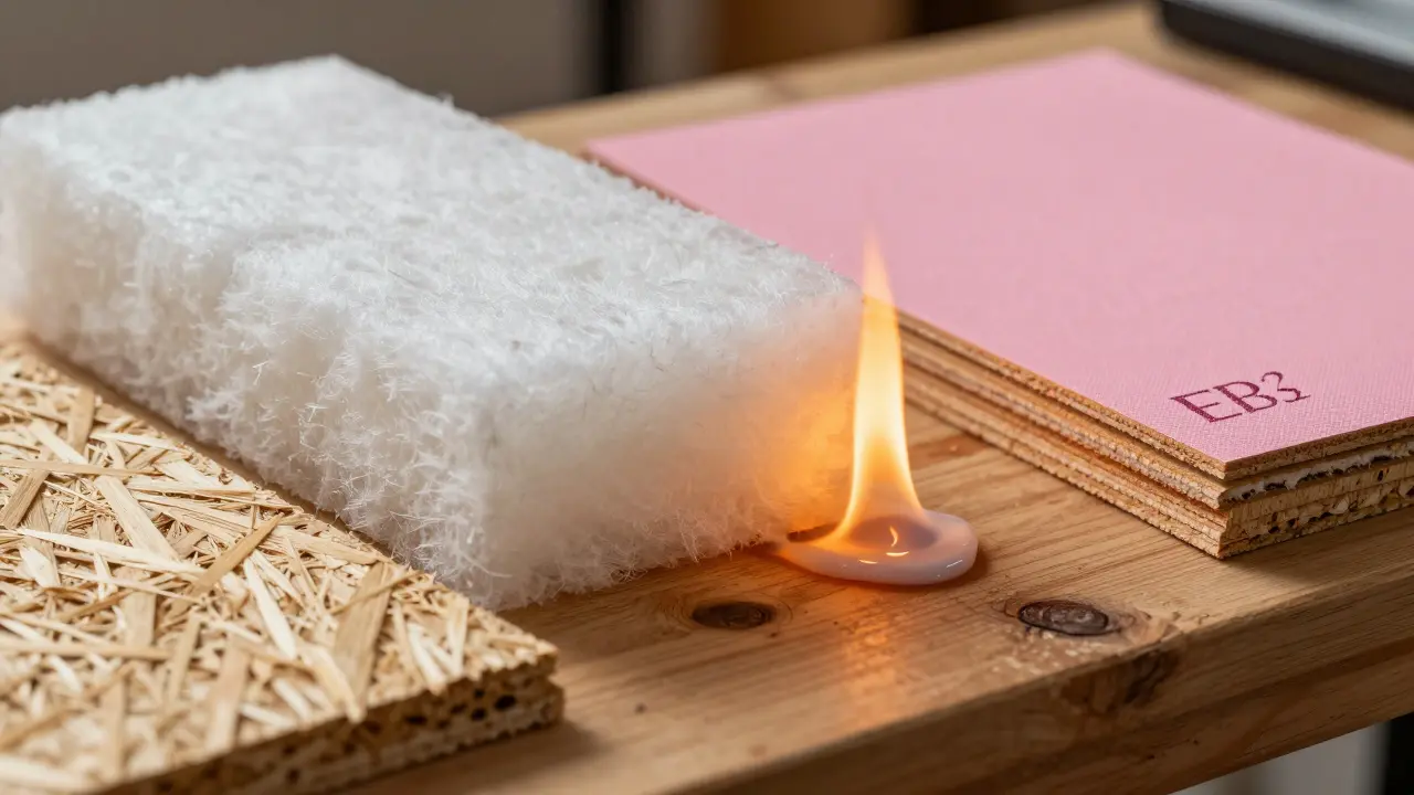 Vergleich von Mineralwolle und EPS-Dämmung unter Hitzeeinwirkung auf einer Werkbank