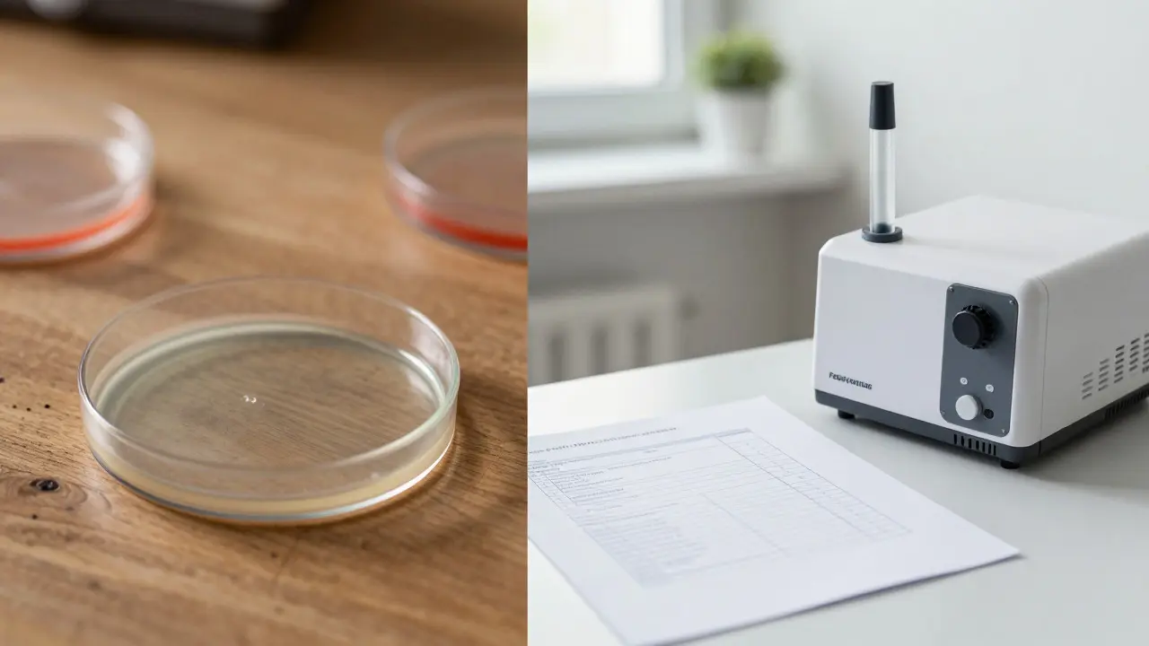 Vergleich von unscharfem DIY-Test und präziser professioneller Luftanalyse