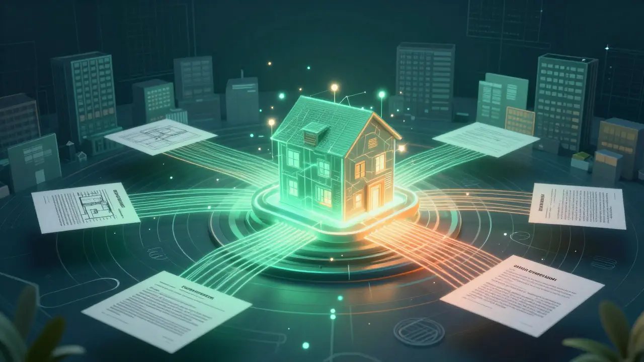 Visuelle Metapher für KI-gestützte Analyse und Kategorisierung von Immobilien-Dokumenten