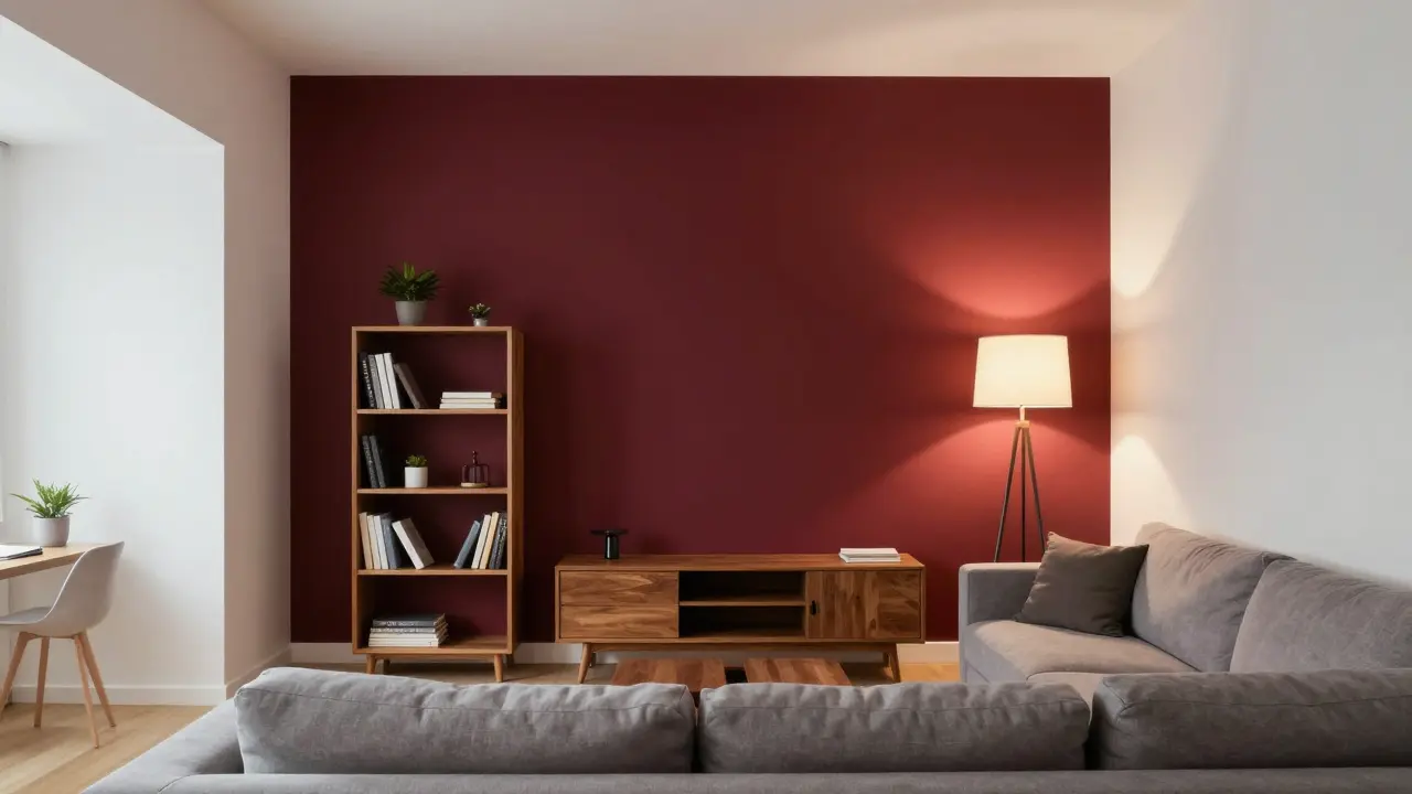Wohnzimmer mit einer dunkelroten Akzentwand und hellen Seitenwänden