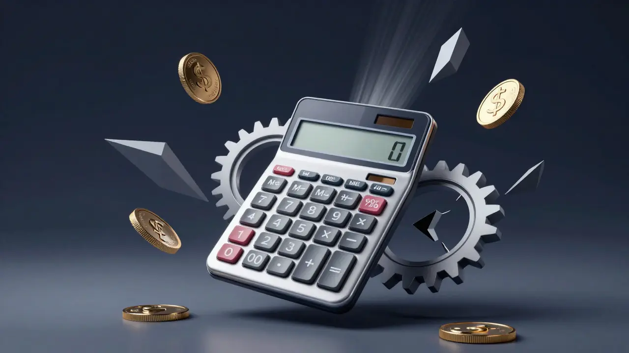 Abstract illustration of a calculator surrounded by floating coins and gears representing financial risks