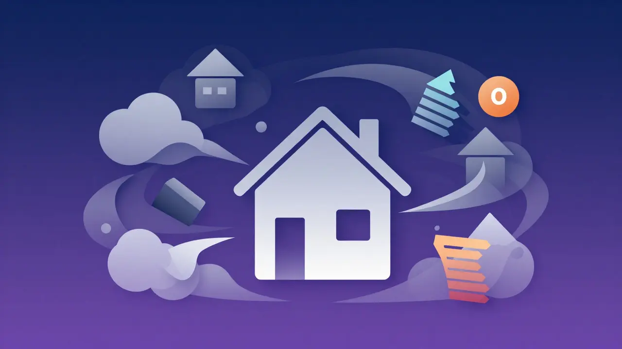 Abstract illustration of a house surrounded by swirling geometric shapes representing conflicting rules
