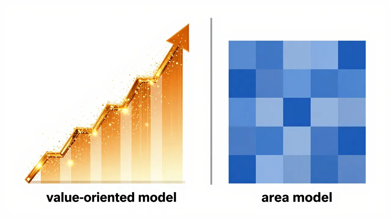 Abstract split-screen illustration contrasting value-based and area-based tax models