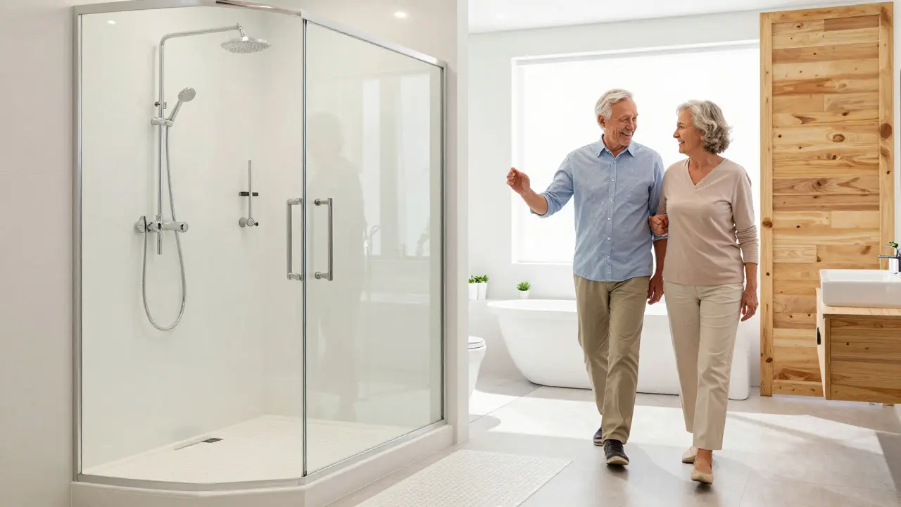 Accessible luxury bathroom with step-free shower and senior users