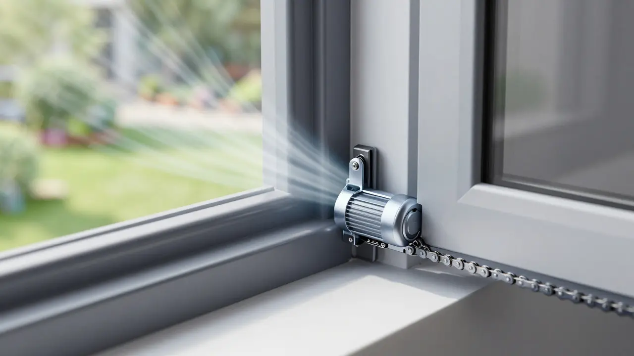 Automatischer Fensteröffnermechanismus am Kellerfenster