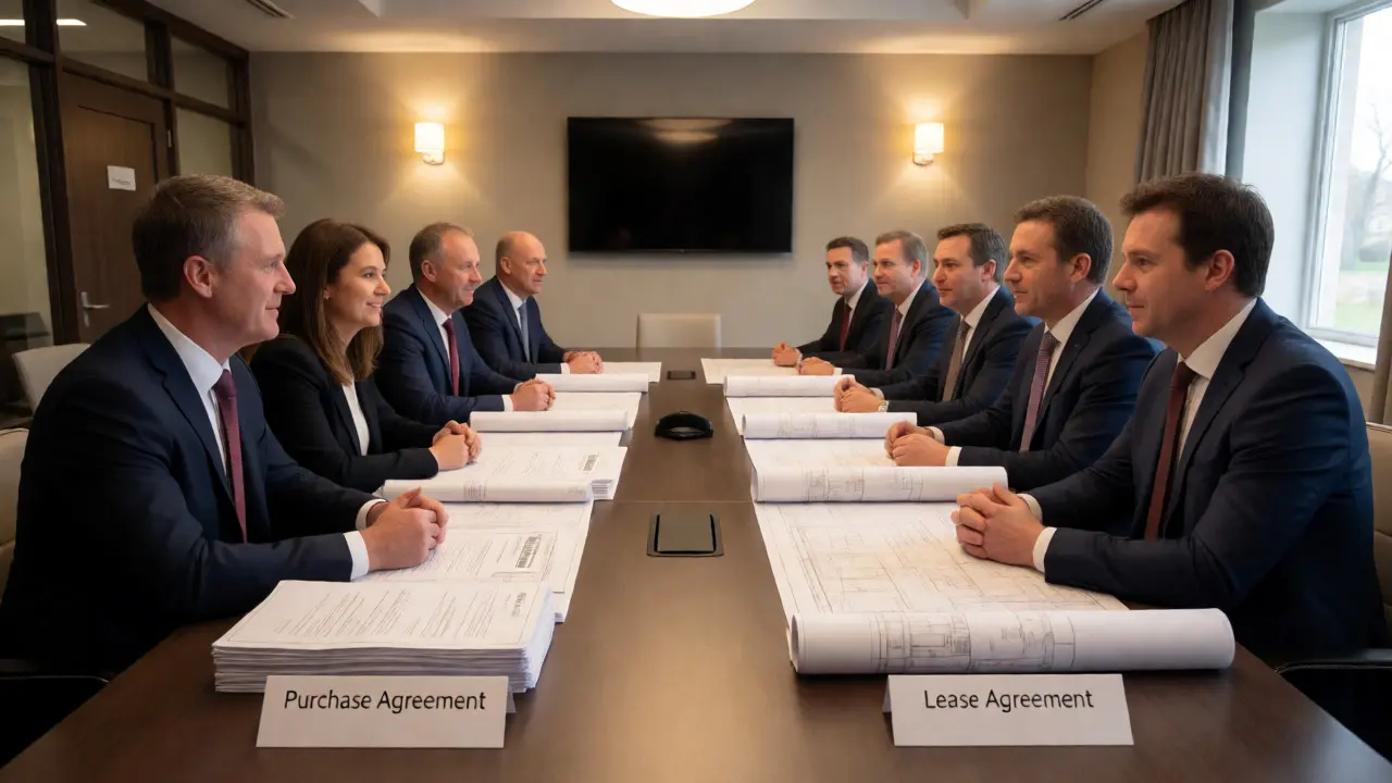 Besprechungstisch im Rathaus mit getrennten Vertragsdokumenten zwischen städtischen Vertretern und Bauträgern.