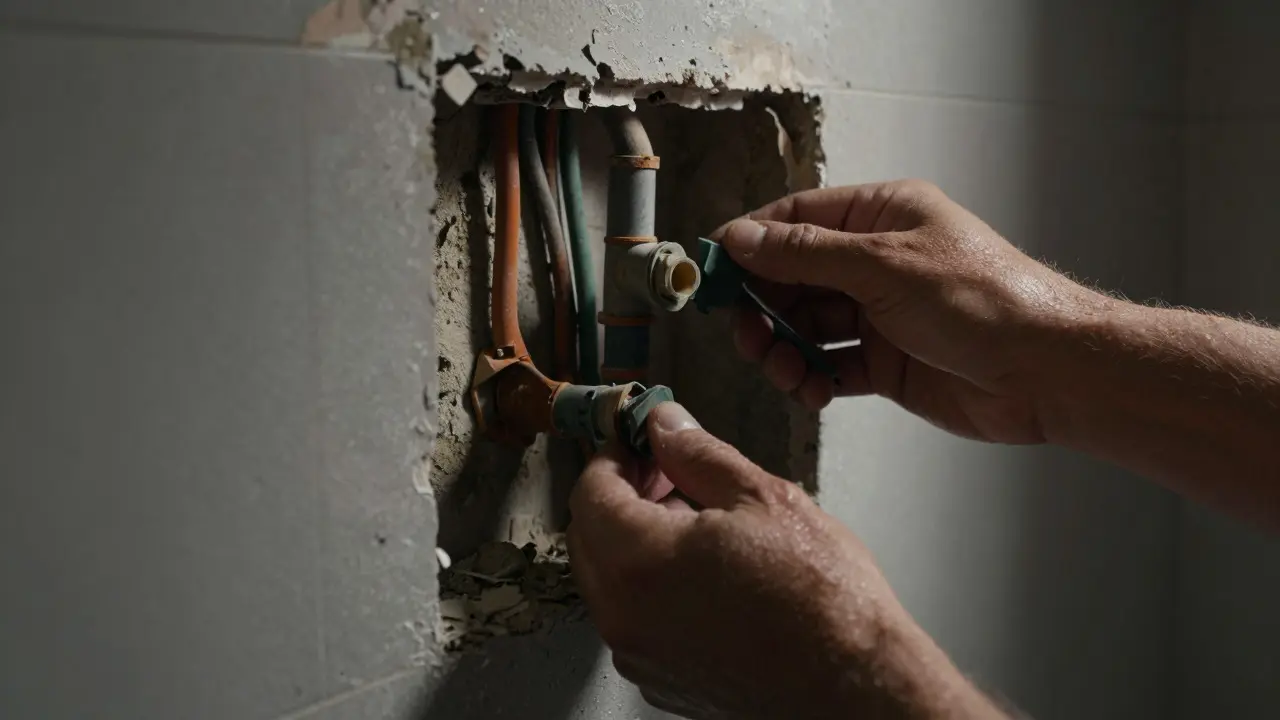 Close-up of damaged pipes and wiring behind a wall during bathroom repair