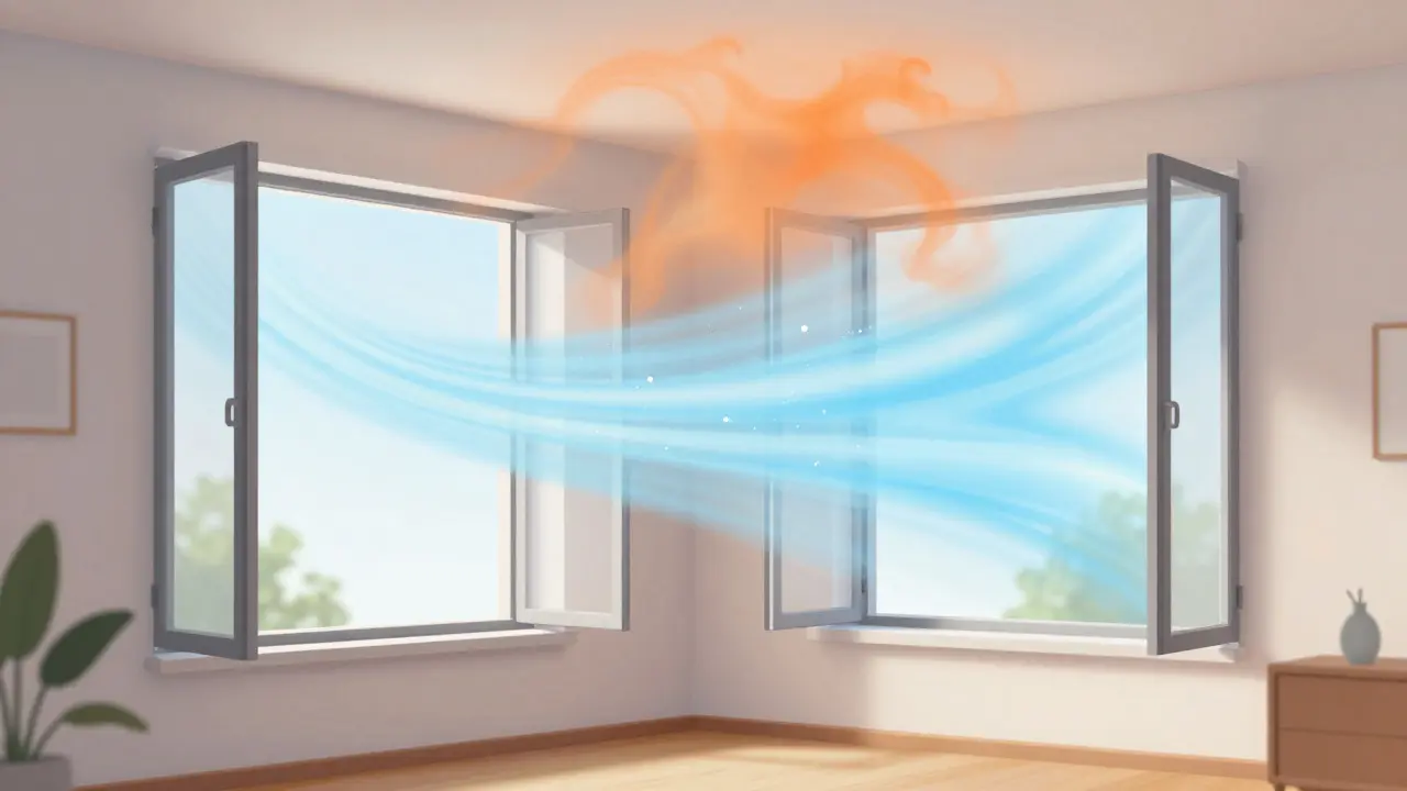 Conceptual illustration showing fresh air entering a room through open windows