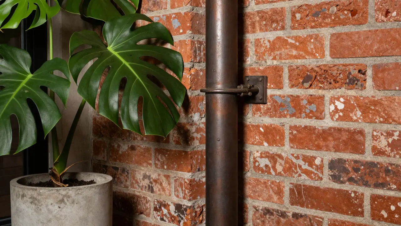 Detailansicht von Backstein, Metallrohr und Pflanze im Urban Jungle Stil