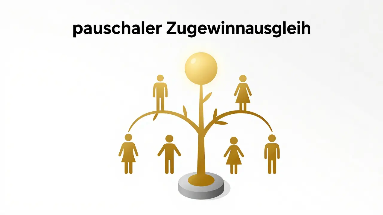 Ein stilisiertes Familienstammbaum-Diagramm, das die Erbfolge und den Zugewinnausgleich veranschaulicht.