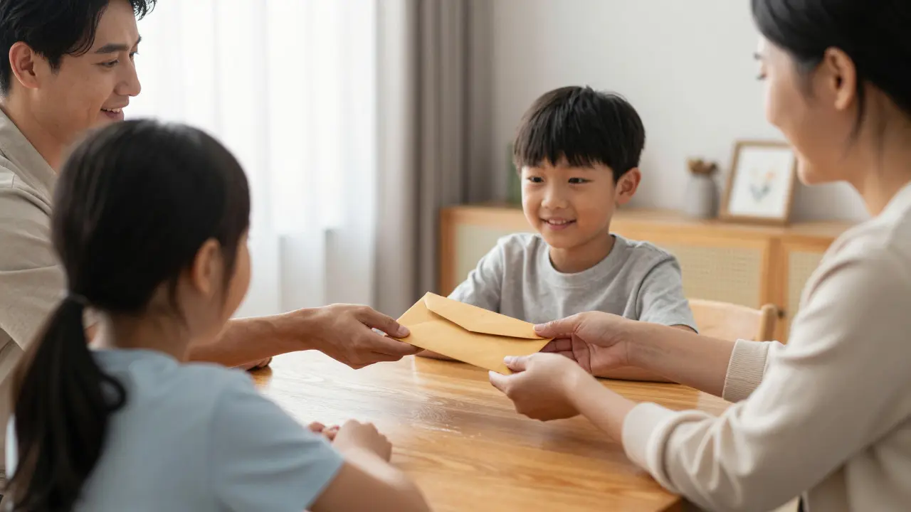Familie am Esstisch, Eltern überreichen Umschlag den Kindern