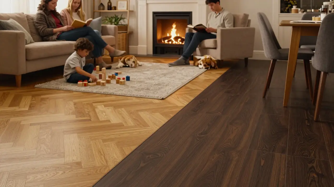 Family enjoying a living room with combined parquet and vinyl flooring