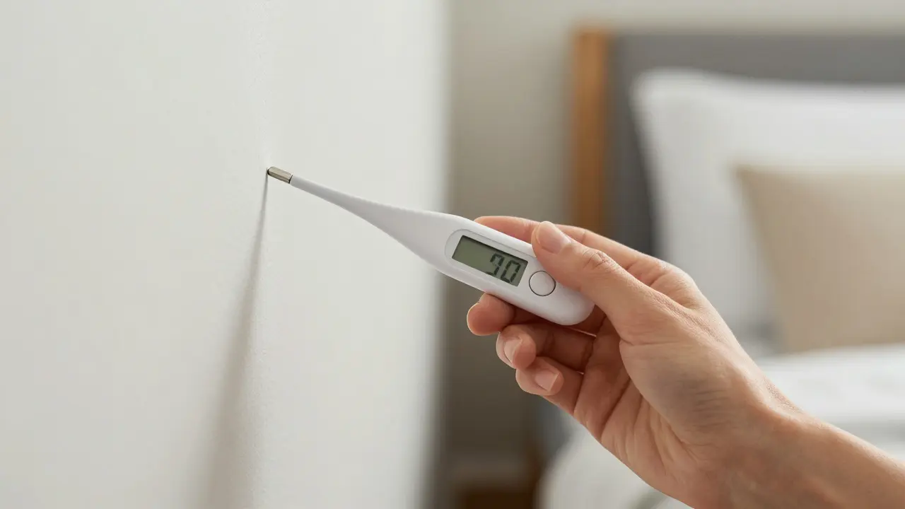 Hand hält ein digitales Thermometer-Hygrometer in der Nähe einer Wand im Schlafzimmer