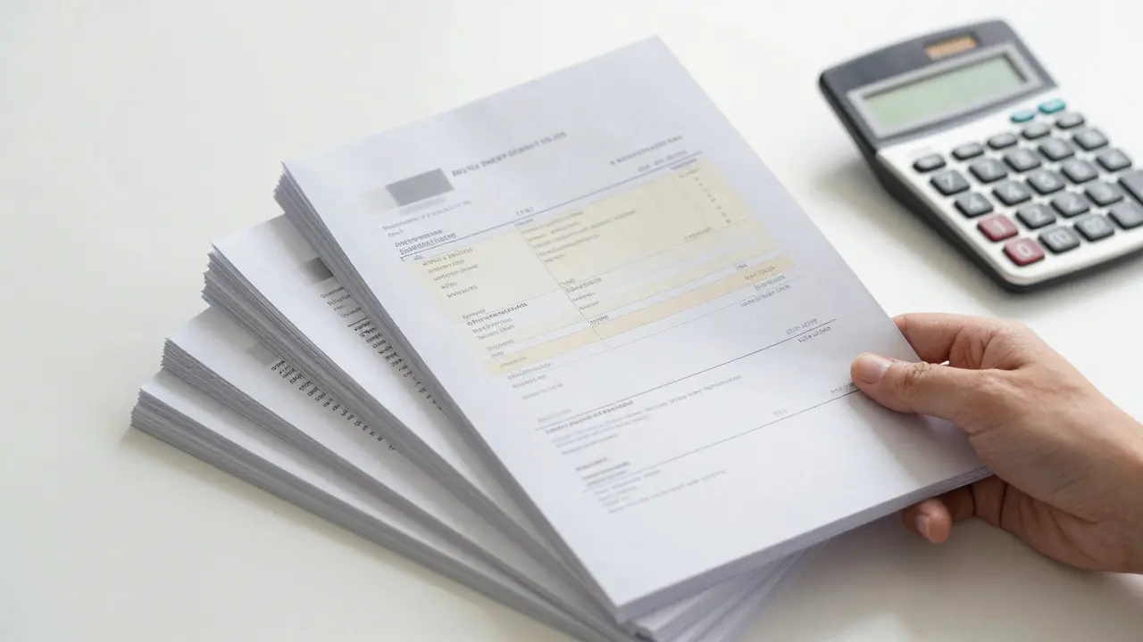 Hand hält einen Stapel finanzieller Belege neben einem Taschenrechner