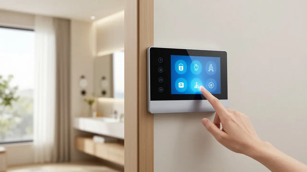 Hand operating a smart home control panel for water heating