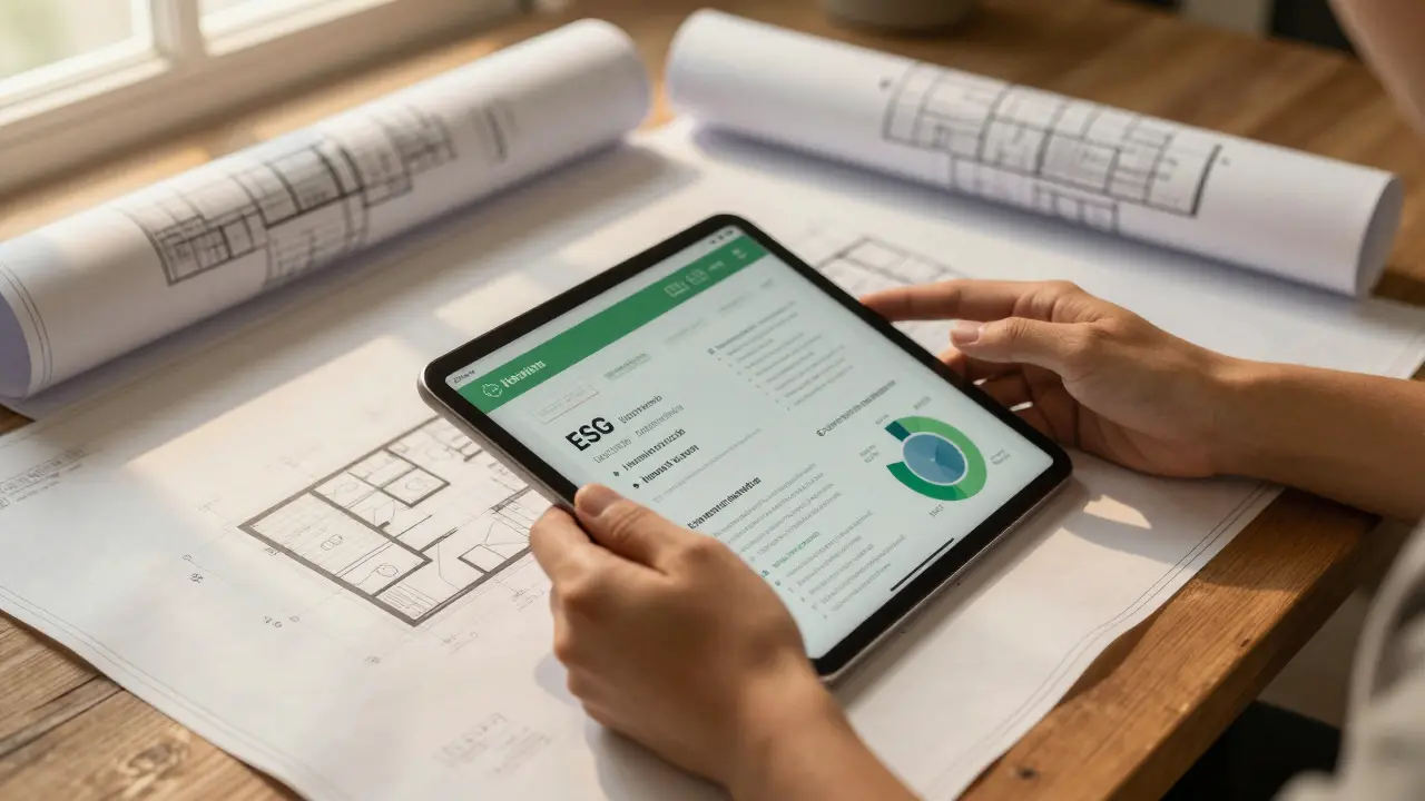 Hands using a tablet over architectural blueprints on a wooden desk, symbolizing investment analysis