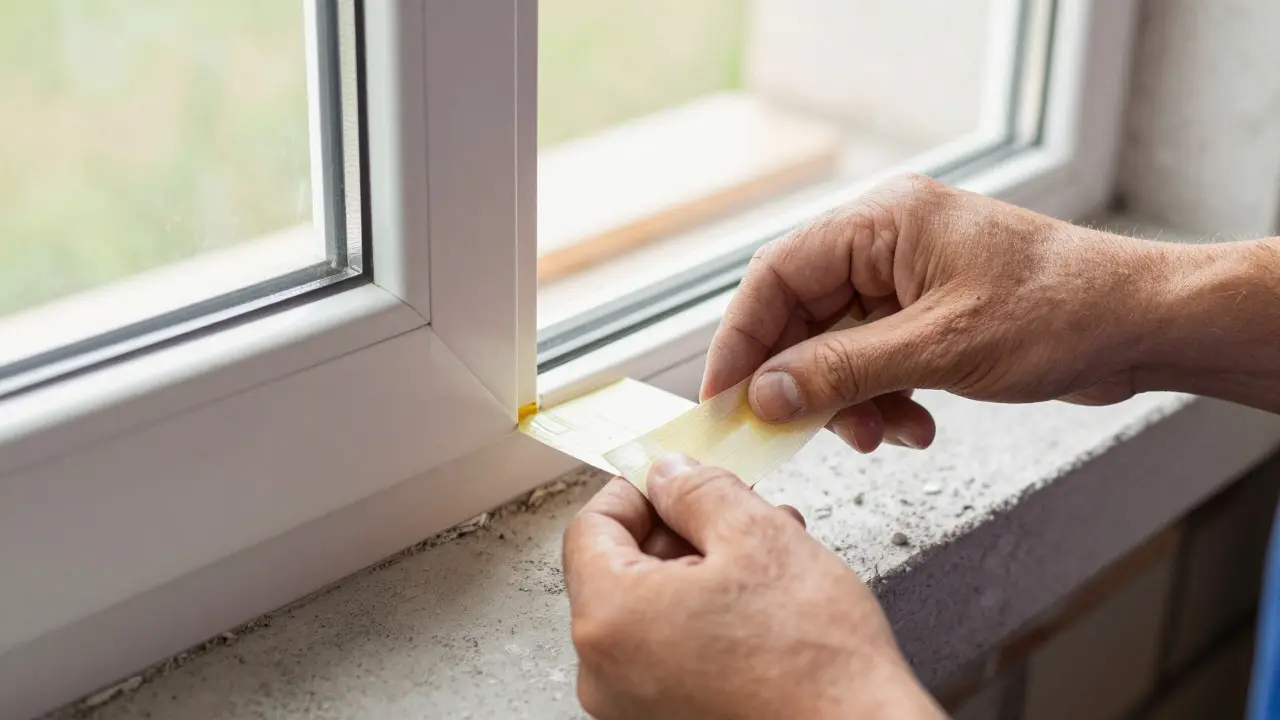 Handwerker bringt sorgfältig ein Dichtband am unteren Rand eines neuen Fensterrahmens an.