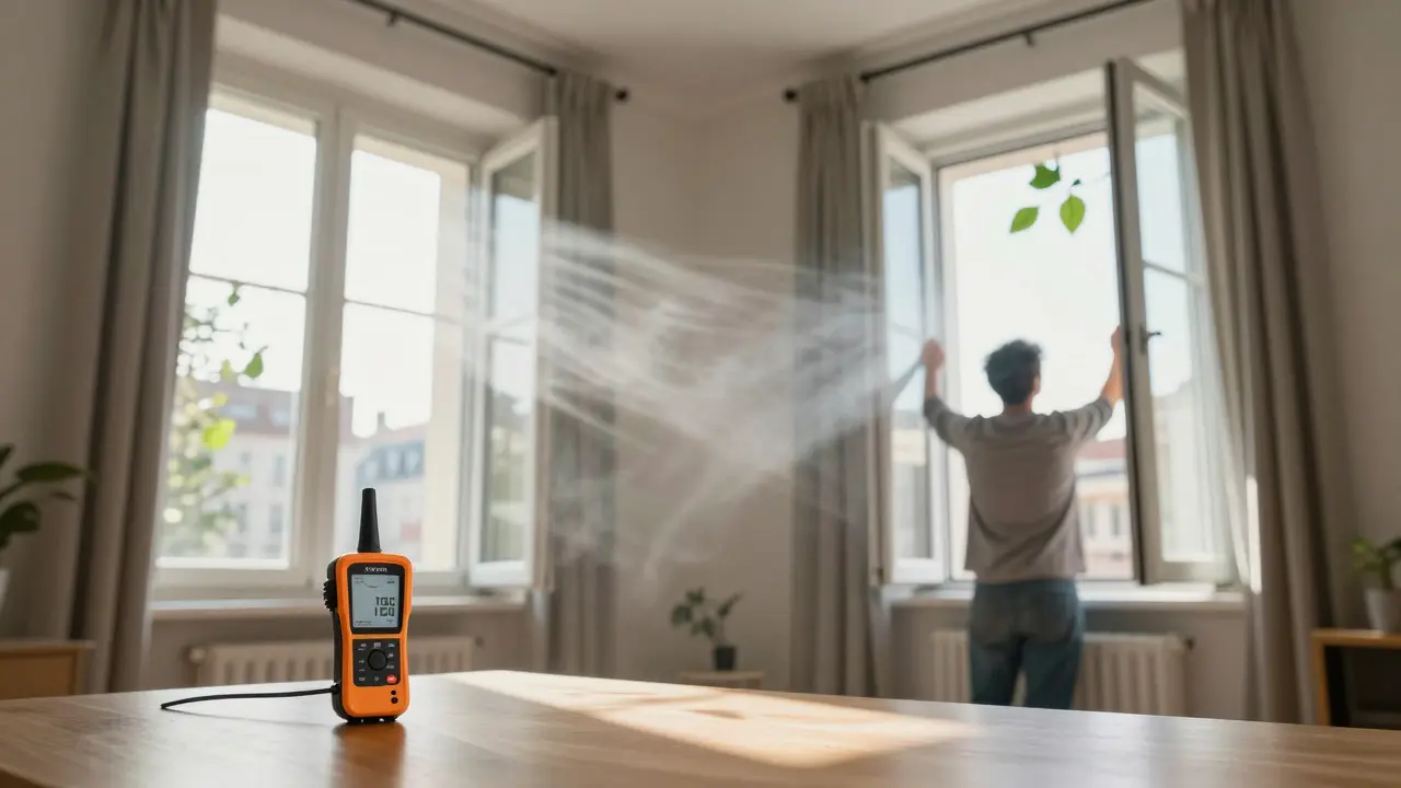 Hausbesitzer lüftet quer durch das Zimmer, während ein Messgerät die Luftqualität im Vordergrund überwacht.
