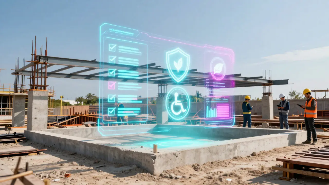Holographic digital interface projecting data over a concrete construction site