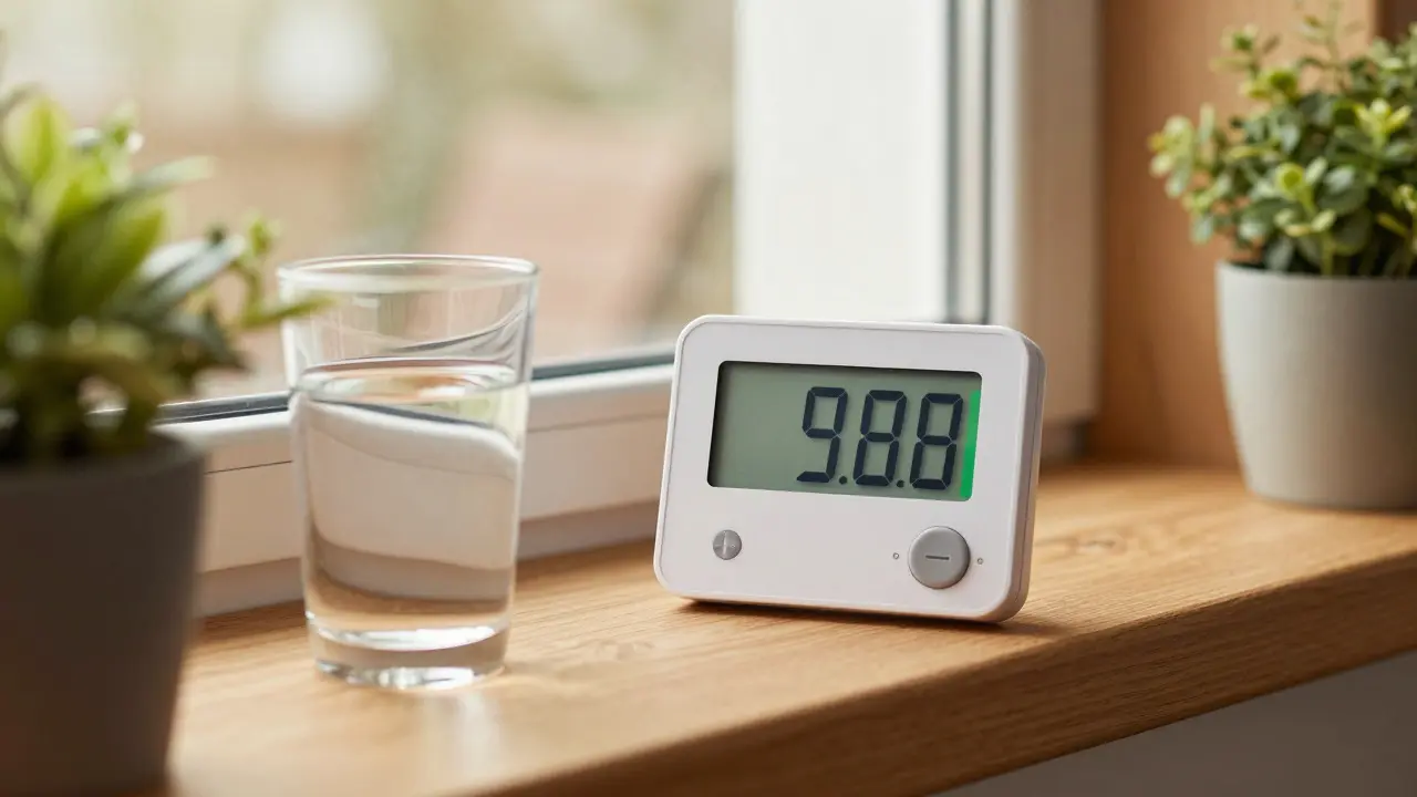 Hygrometer on a windowsill indicating optimal indoor humidity levels