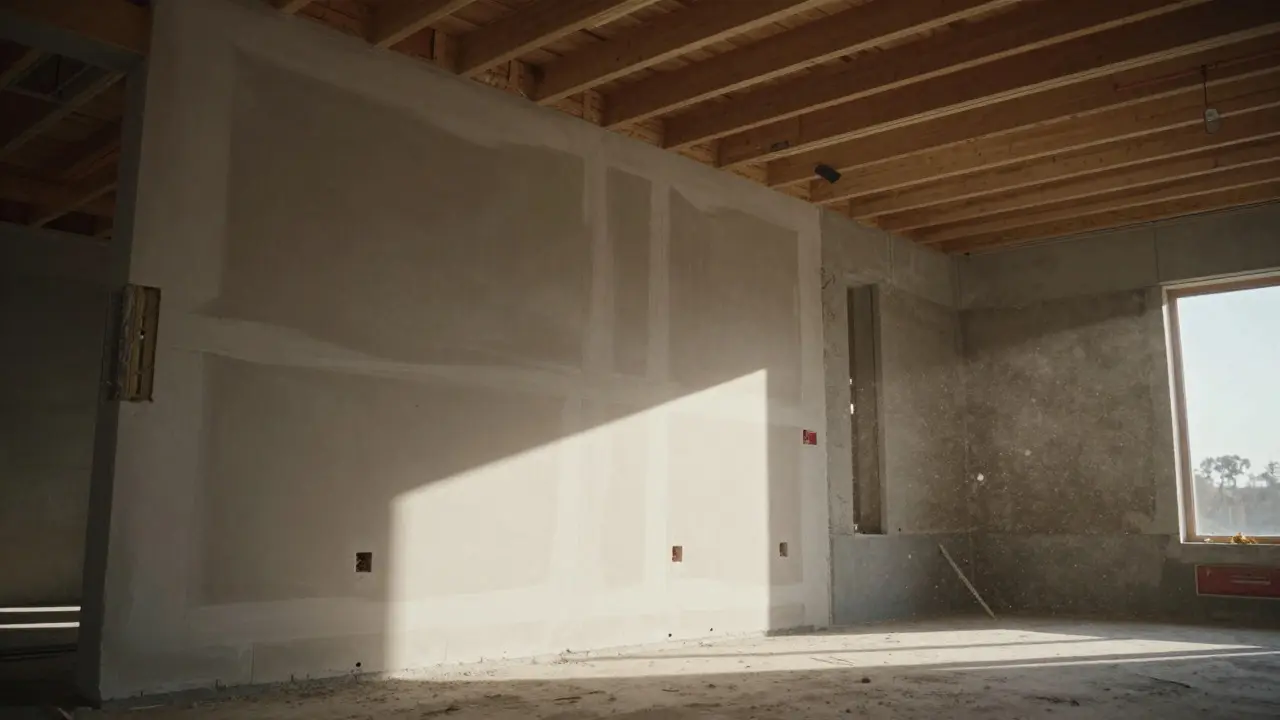 Interior view of a building showing the boundary between finished and unfinished walls