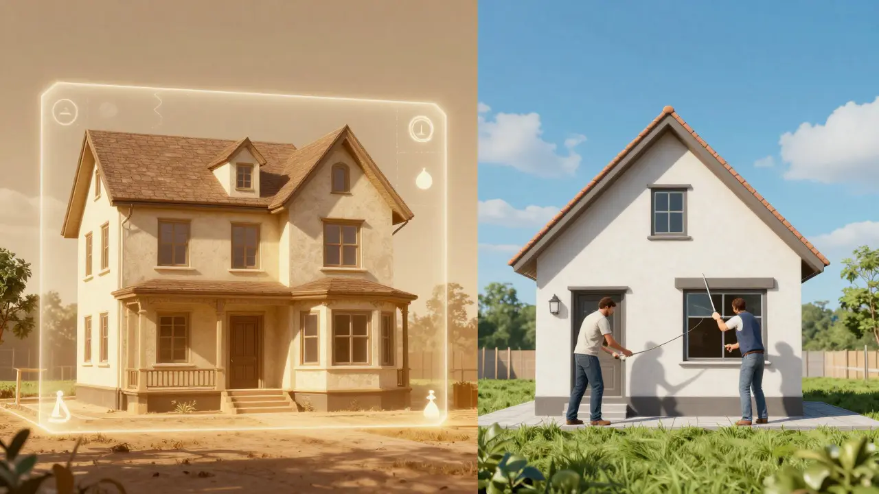 Kontrast zwischen einem geerbten Haus und einem gemeinsam gebauten Haus als Symbol für Eigentumsrechte.