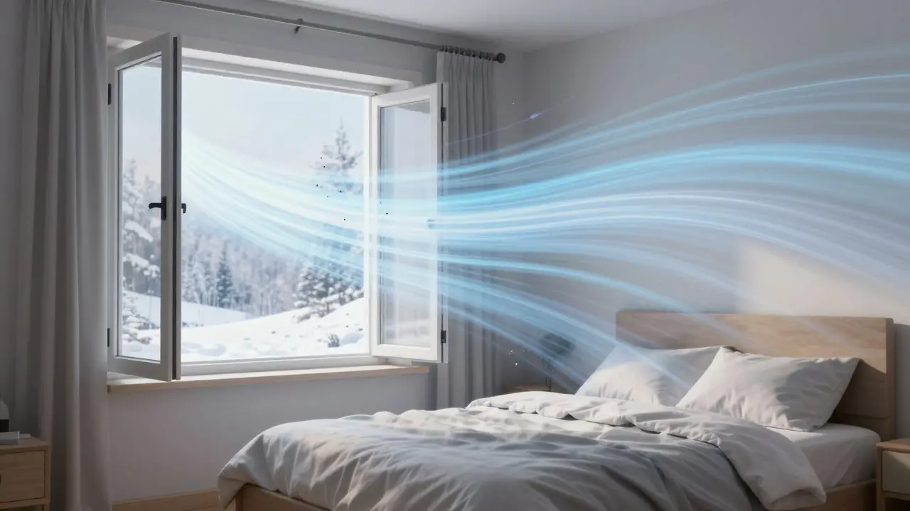 Kunstvolle Darstellung von frischer Luft, die durch ein geöffnetes Fenster in ein Schlafzimmer strömt
