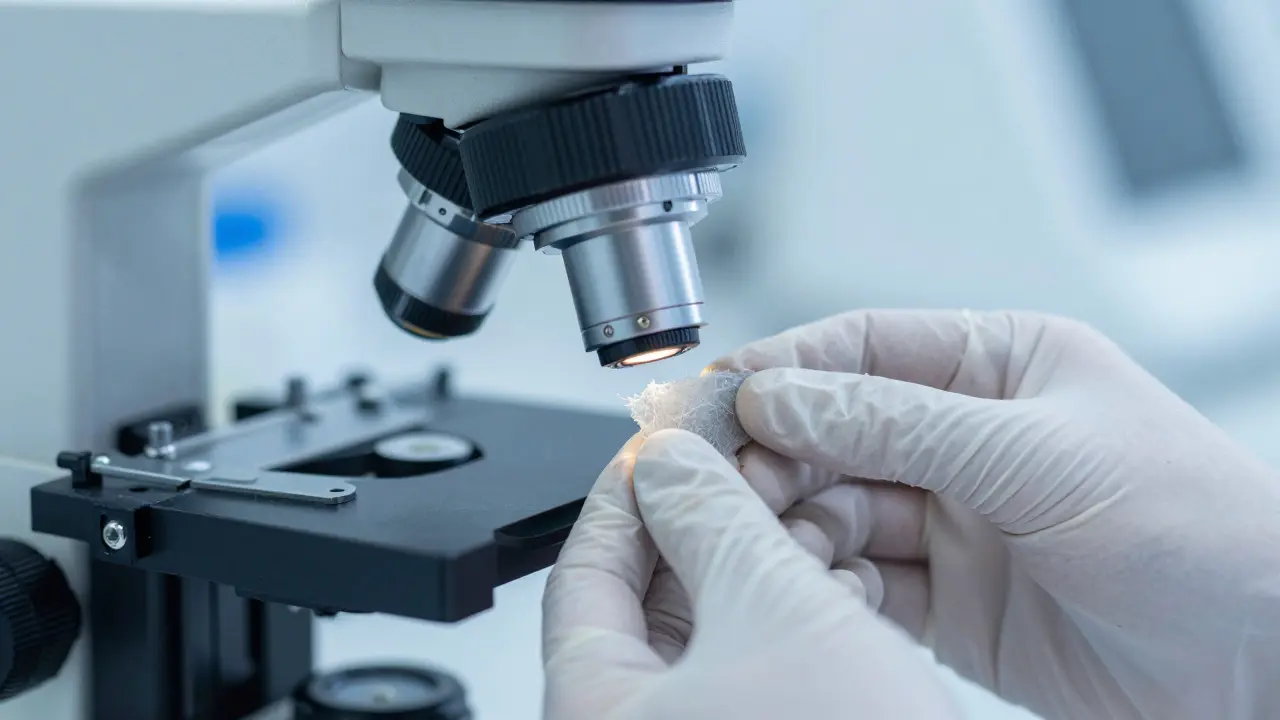 Laboranalyse von Baumaterialien unter dem Mikroskop zur Schadstoffprüfung