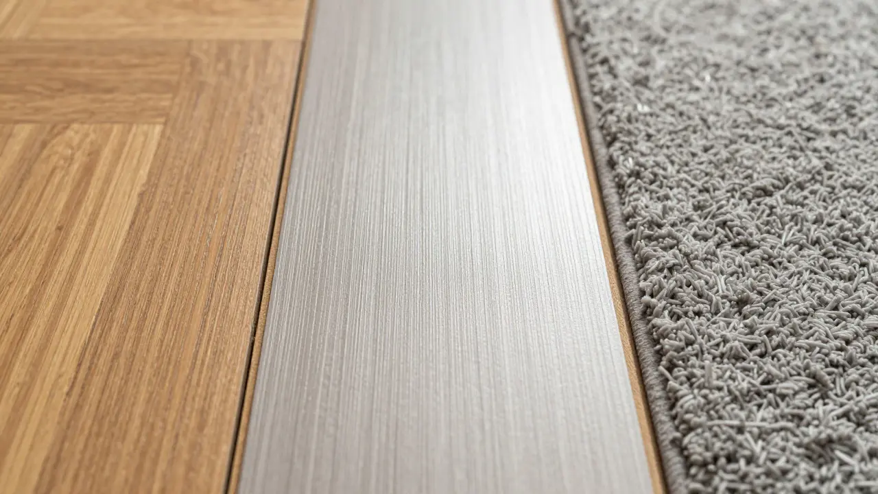 Macro view comparing the textures of oak parquet, vinyl planks, and wool carpet