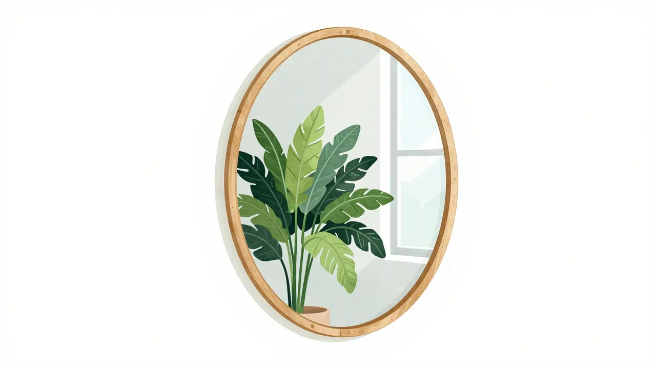 Minimalistische Illustration eines Spiegels, der eine Pflanze am Fenster reflektiert