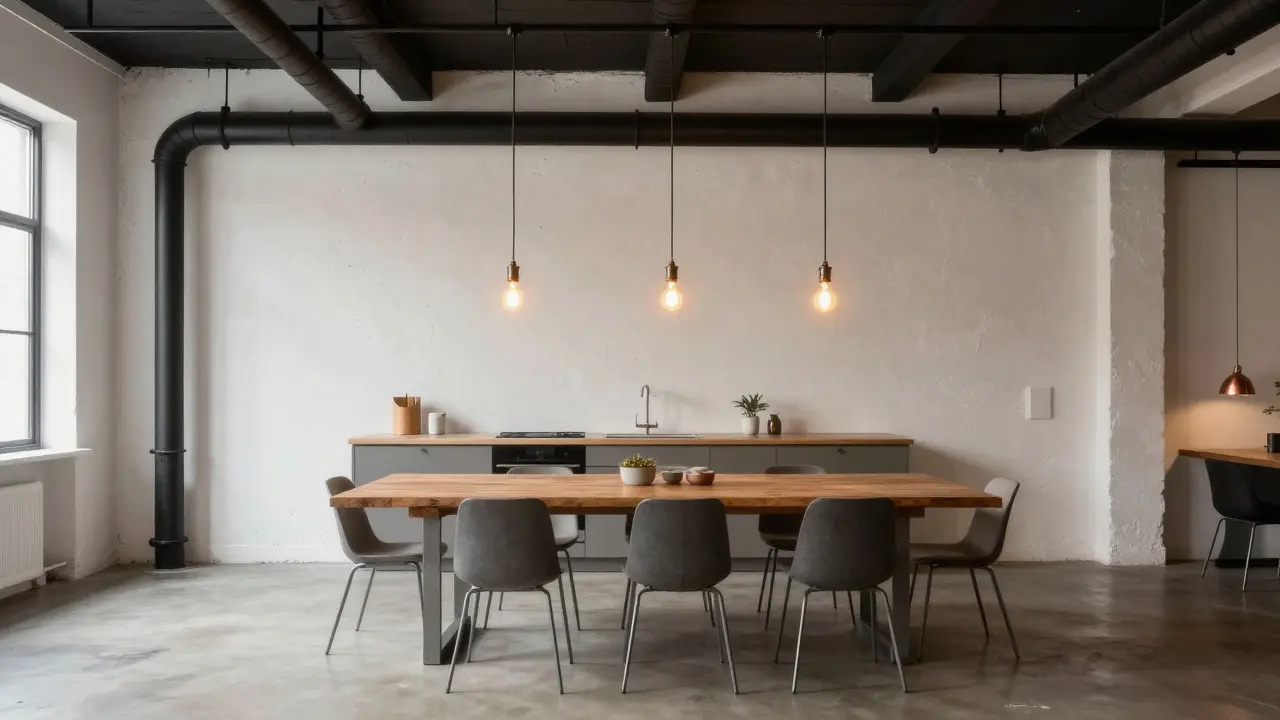 Minimalistisches Loft-Esszimmer mit freiliegenden Rohren und warmem Licht