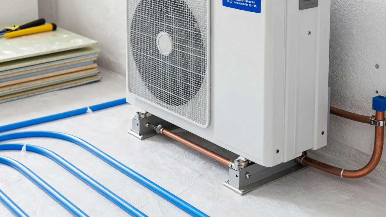 Moderne Wärmepumpe im Keller mit Kupferrohren zur Fußbodenheizung.