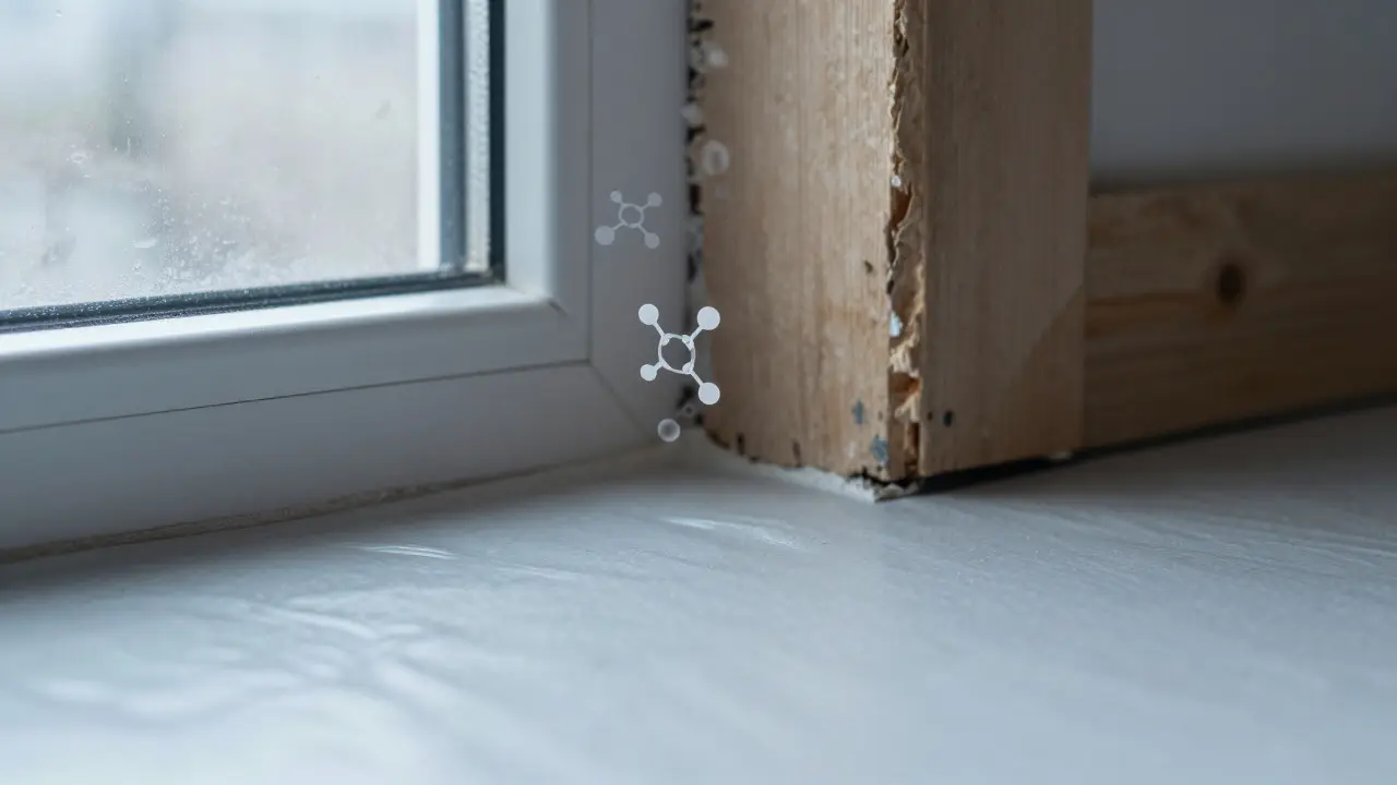 Nahaufnahme von Baumaterialien mit schwebenden Molekülen und Kondenswasser am Fenster zur Veranschaulichung des Fogging-Effekts.